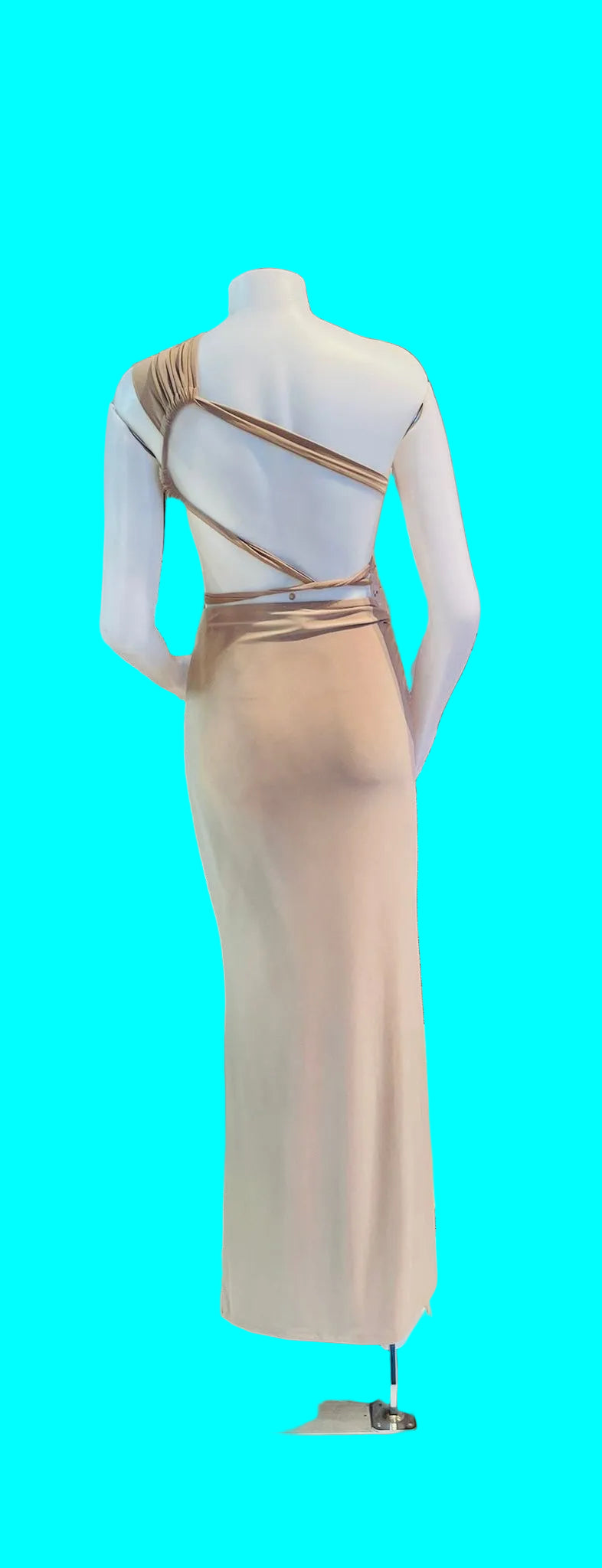 BEIGE.SET  TOP ASIMETRICO FALDA LARGA ACCESORIO SERPIENTE. SNAKE DRESS